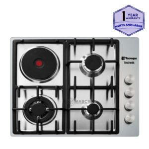 Tecnogas 60cm 3 Gas Burners + 1 Electronic Plate with Wok Stand, Cast Iron Pan Support, Stainless Steel TBH6031CSS