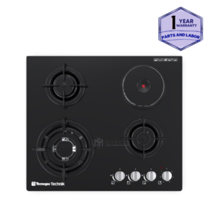 Tecnogas 60cm 3 Gas Burners + 1 Electronic Plate with Wok Stand, Cast Iron Pan Support, Black Tempered Glass TBH6031CTG2