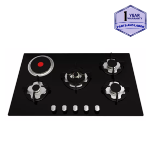 Tecnogas 90cm 4 Gas Burners, 1 Electronic Plate with Wok Stand, Cast Iron Pan Support, Black Tempered Glass TBH9041CTG